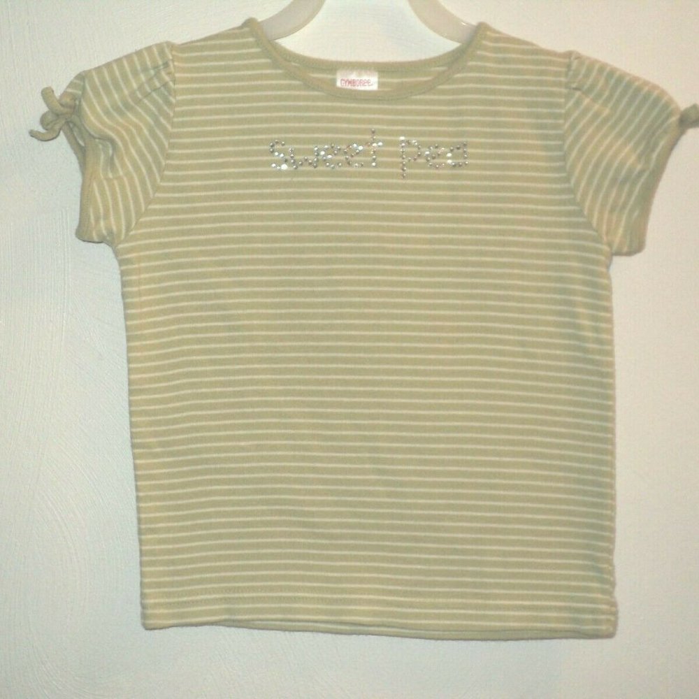 Gymboree Girls Size 4 Shirt Green Striped, Sweet Pea, Rhinestones, Short Sleeve